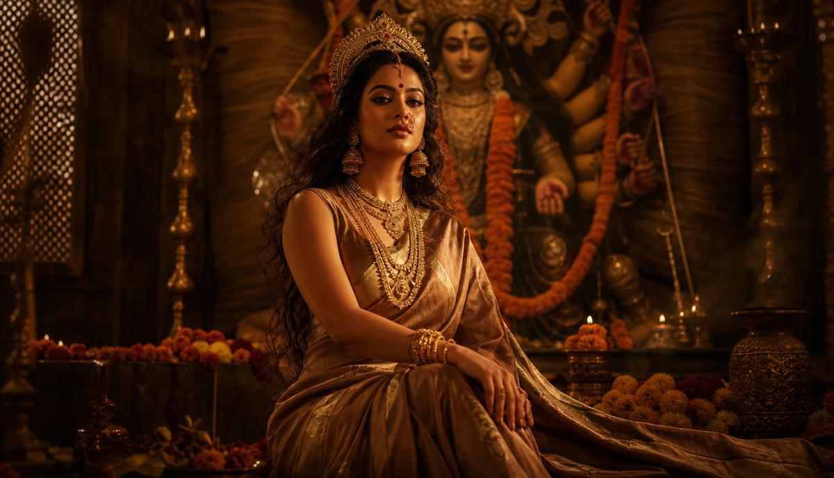An Indian woman seated in a sacred golden temple space, adorned as Devi, embodying Shakti and divine feminine power