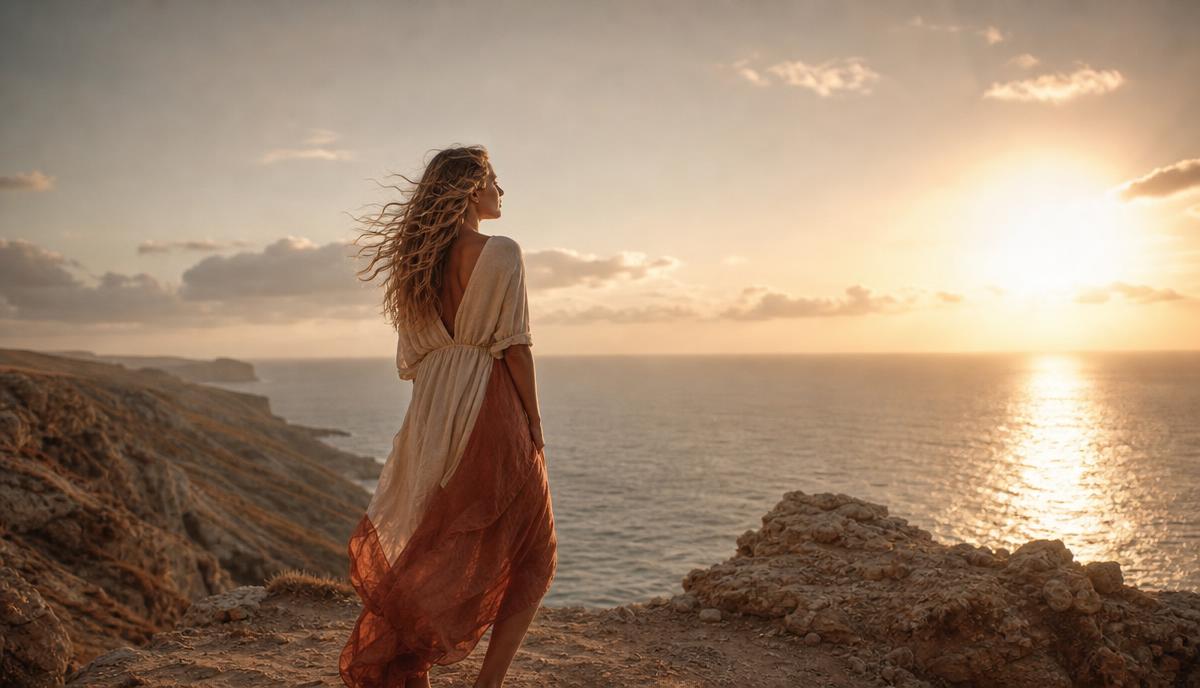 A woman standing freely at the edge of a windswept cliff at golden hour, embodying real liberation and belonging to herself