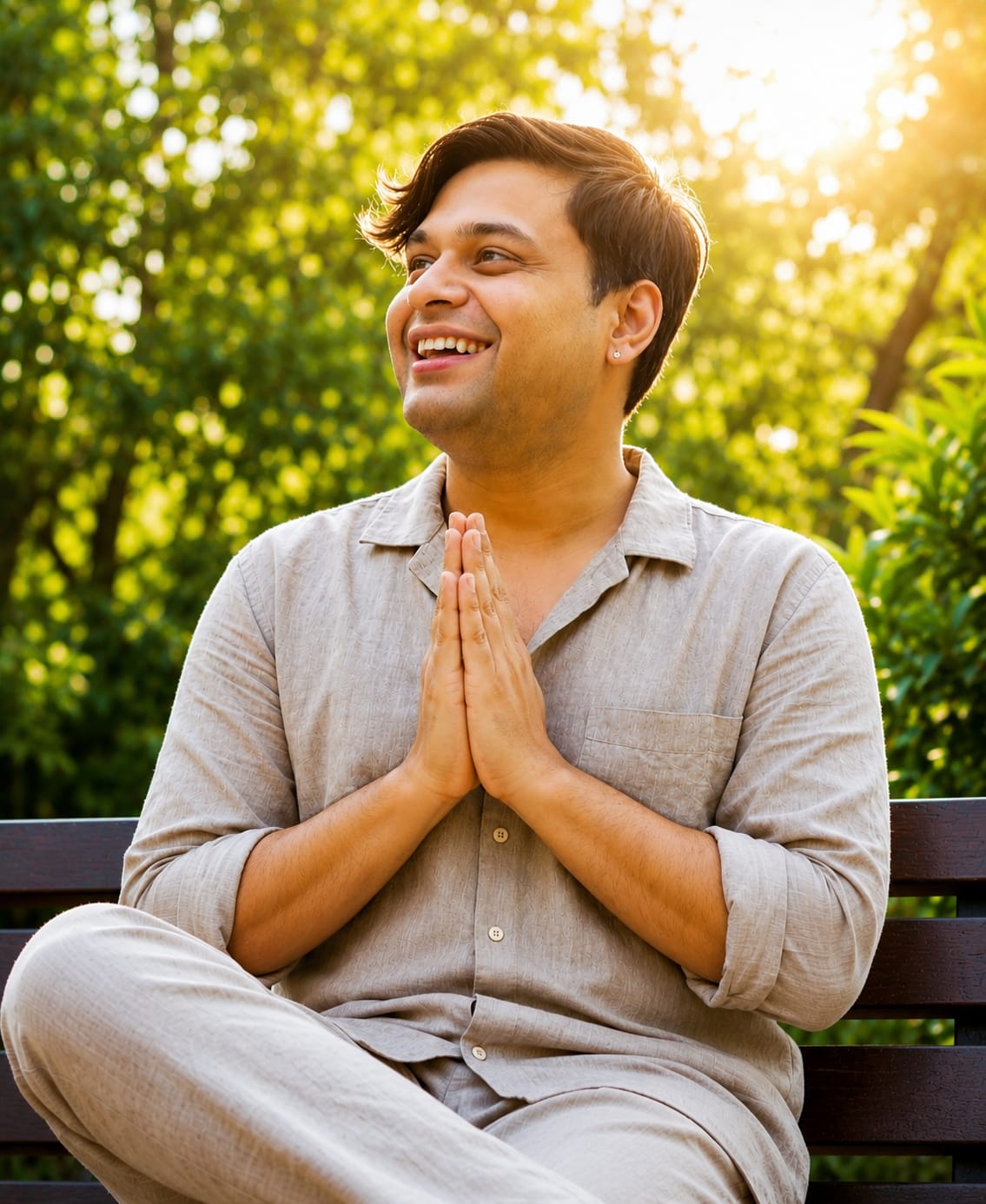 Portrait of Abhikesh, embodiment coach, seated outdoors with hands in namaste