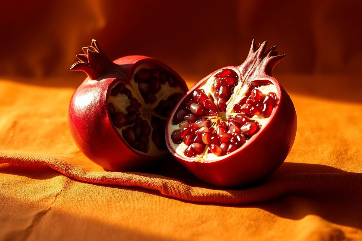A pomegranate split open on warm terracotta linen