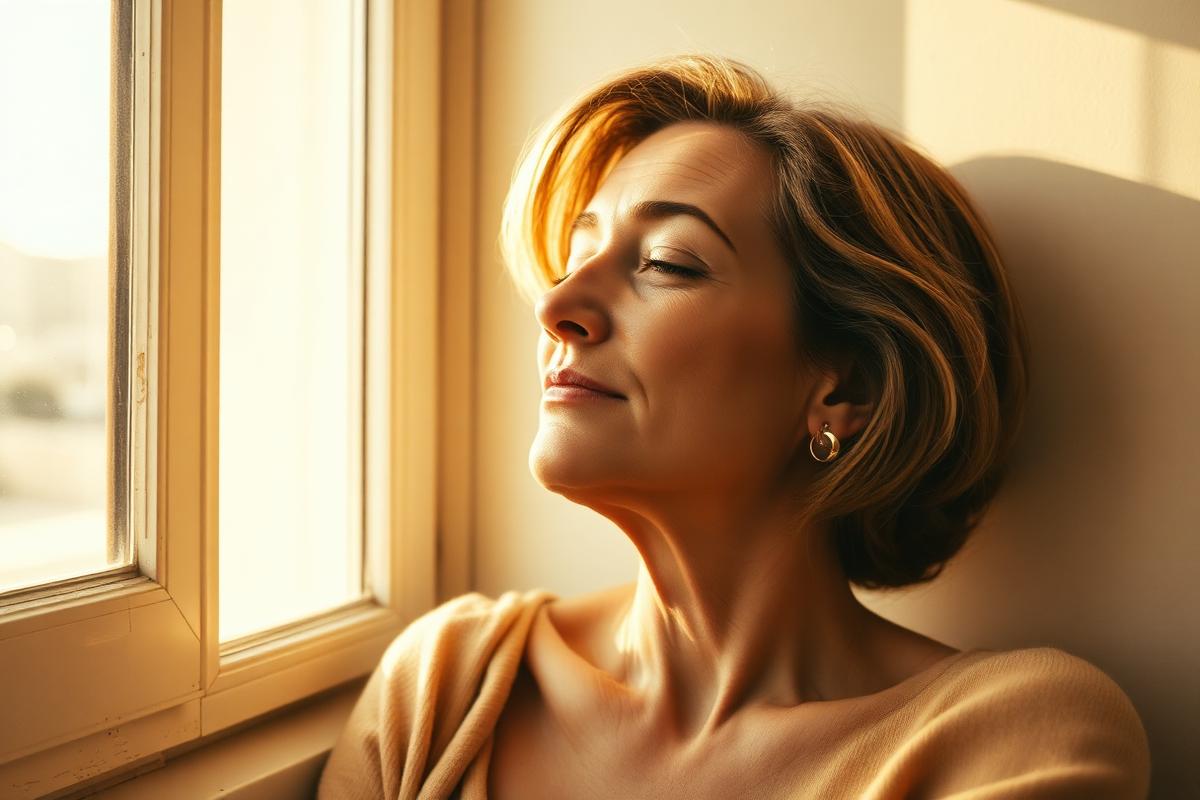 A woman in her late forties resting by a sunlit window