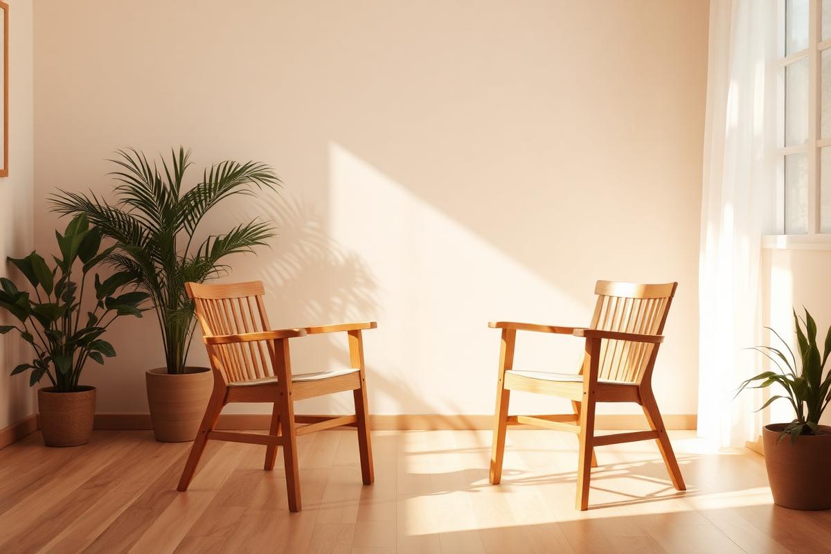 Two wooden chairs facing each other in a quiet sunlit room