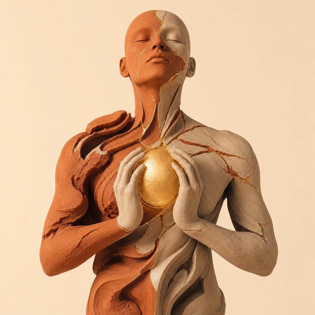 Sculpted 3D illustration of a figure holding a glowing sphere at the centre