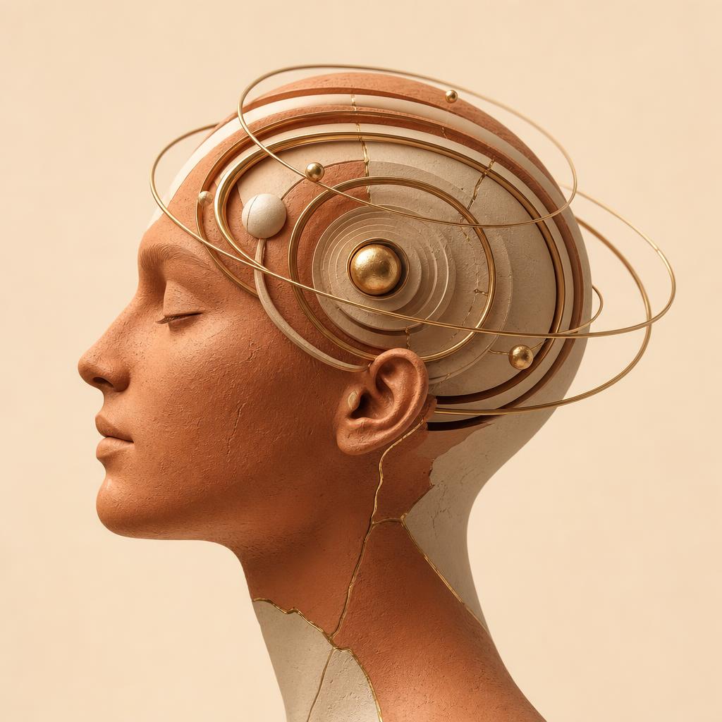 Sculpted 3D illustration of a serene head in profile with concentric rings