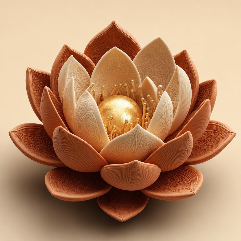 Sculpted 3D illustration of an opening lotus form around a glowing orb
